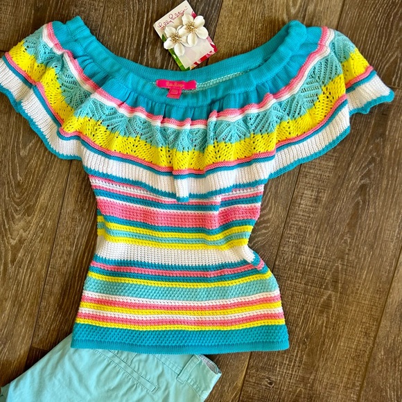 XXS NWOT Ruffle Off Shoulder Striped Lilly Pulitzer Top - Picture 1 of 7